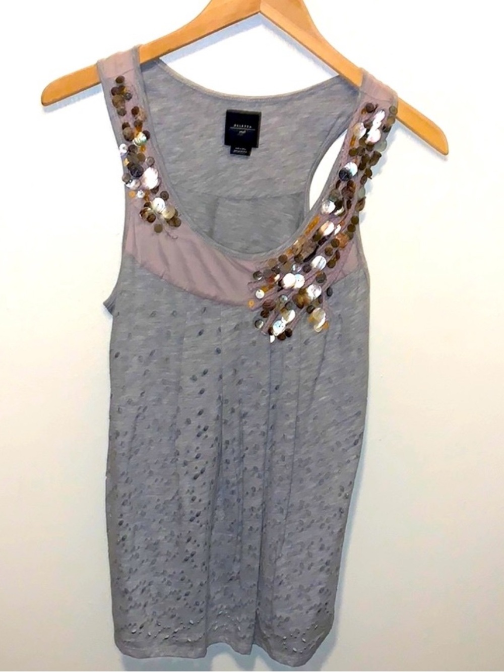 Deletta Beaded Tank Top Sequin Embellished Scoop Neck Distressed Size Small
